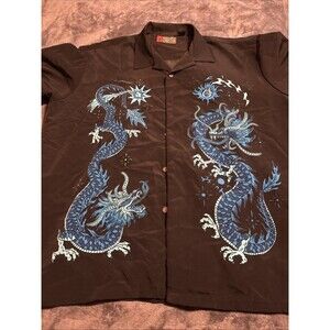 #81 Mens PINEAPPLE CONNECTION XL Extra Large Black & Blue Polyester Dragon Shirt
